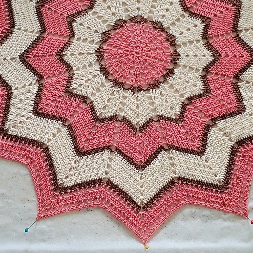 NEW ANd FRESHLY PINNED/ 17in Pink and Cream Crochet Doily With A Hint Of Brown